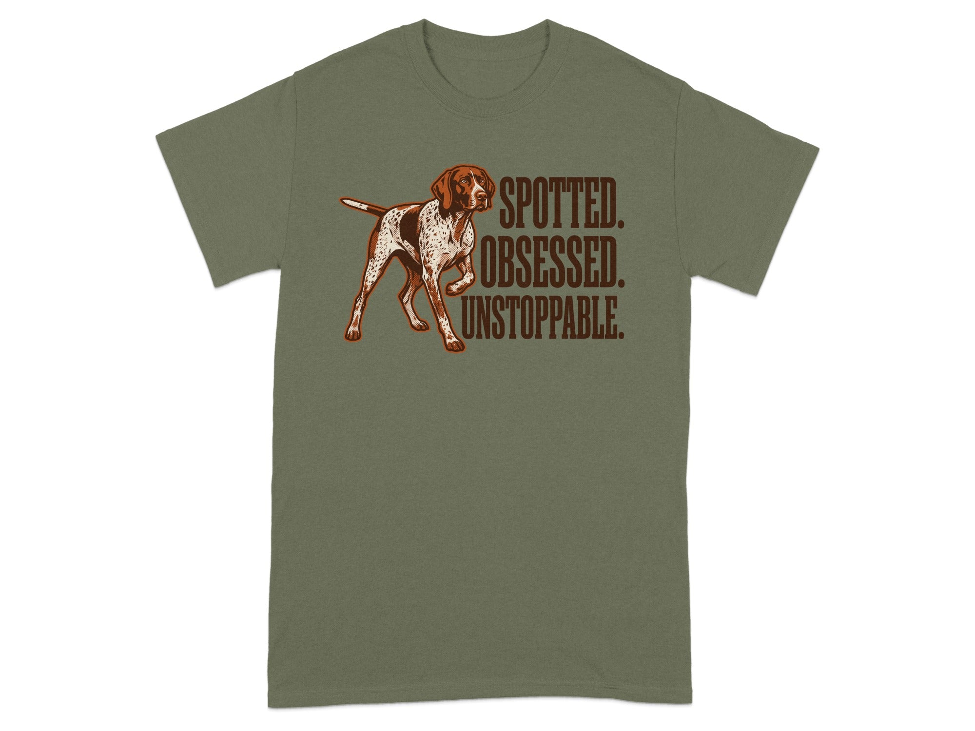 T-shirt with spotted dog graphic and text "SPOTTED. OBSESSED. UNSTOPPABLE."