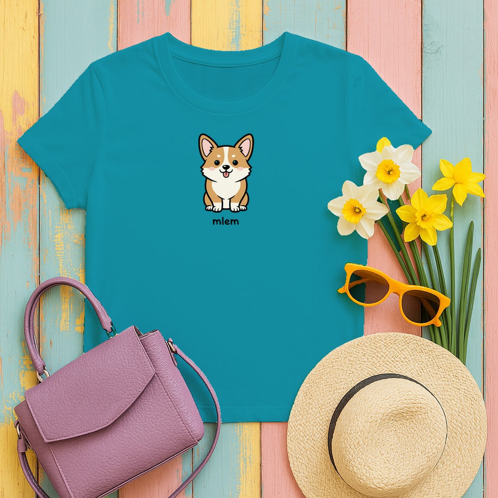 Cute Smiling Corgi Dog Cartoon Mlem T-Shirt in Tropical Blue