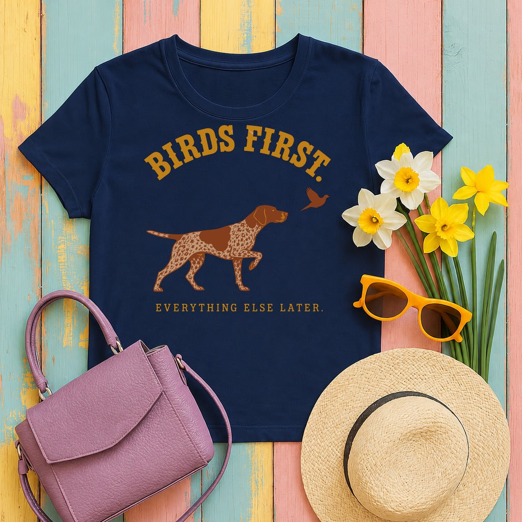 migbackfill birds-first-german-shorthaired-pointer-t-shirt tee flat lay hero v8