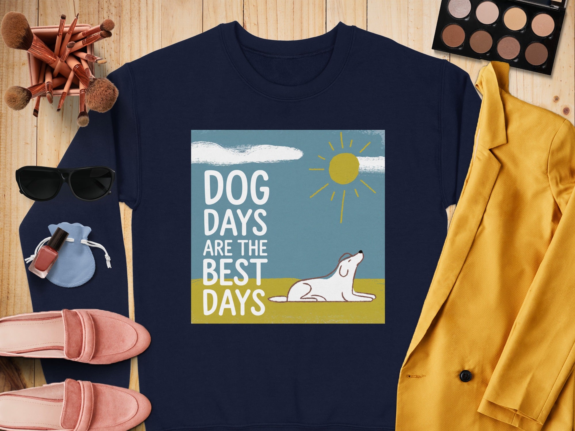 Dark blue sweatshirt with "Dog Days Are The Best Days" text and dog illustration.