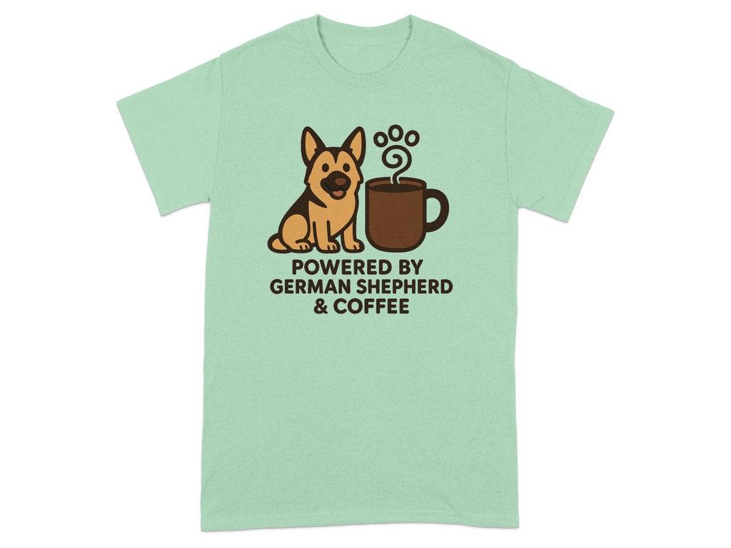 German Shepherd and coffee graphic with text: Powered by German Shepherd & Coffee.