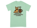 German Shepherd and coffee graphic with text: Powered by German Shepherd & Coffee.