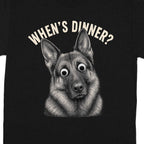 Black t-shirt with a German Shepherd's face and the text "WHEN'S DINNER?".