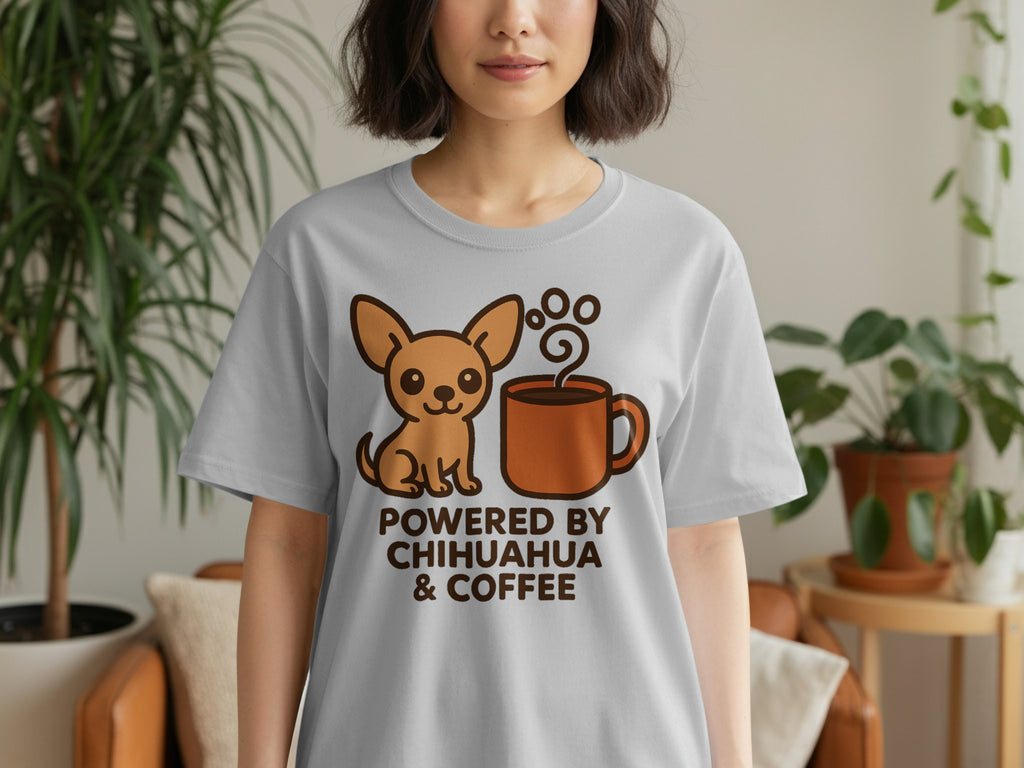 Light grey t-shirt with cartoon chihuahua and coffee cup reading "Powered by Chihuahua & Coffee".