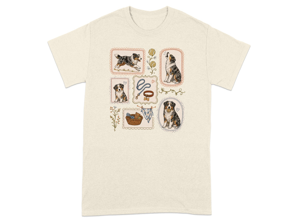 T-shirt featuring framed illustrations of a Bernese Mountain Dog puppy and adult dog.