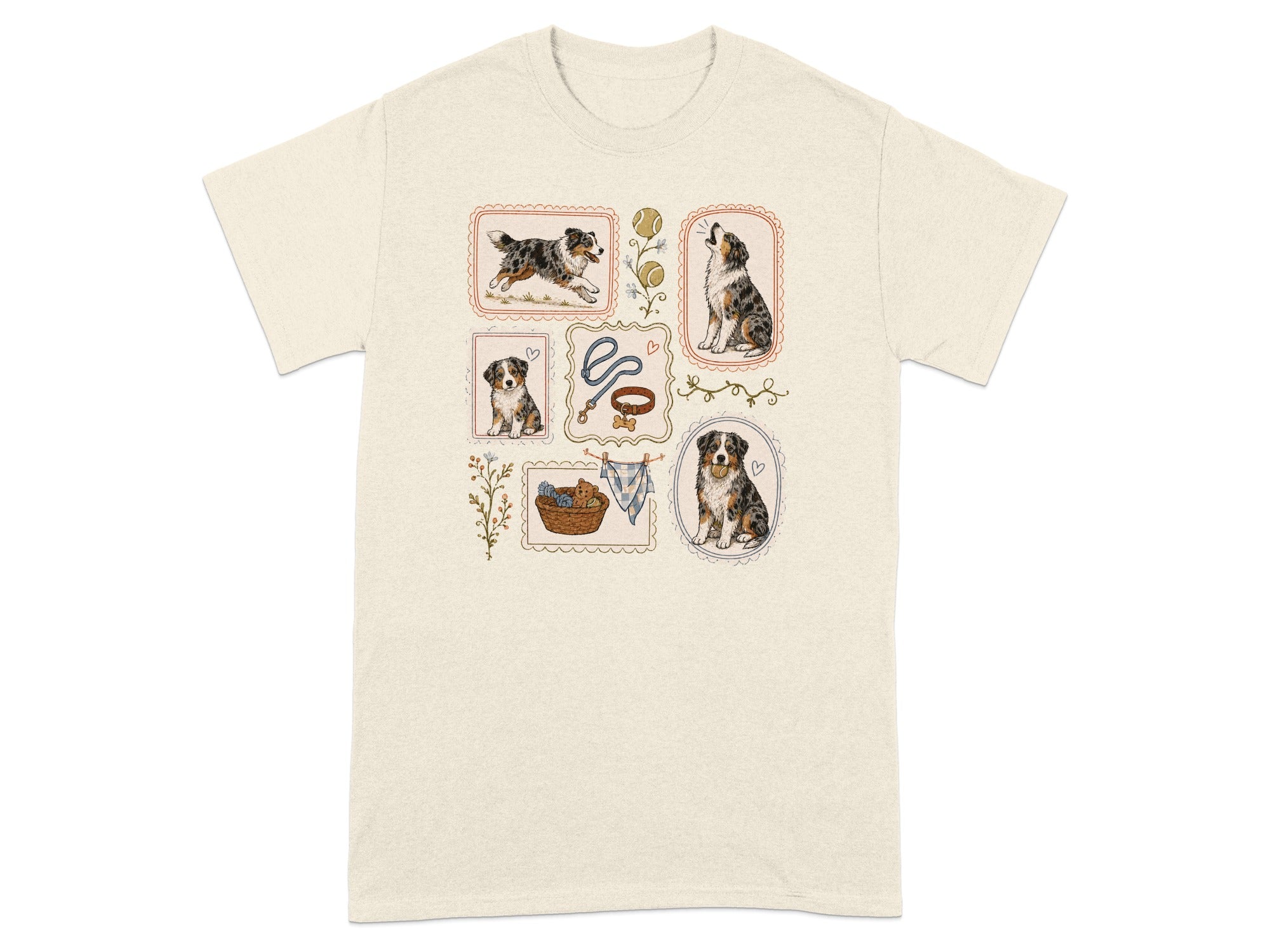 T-shirt featuring framed illustrations of a Bernese Mountain Dog puppy and adult dog.