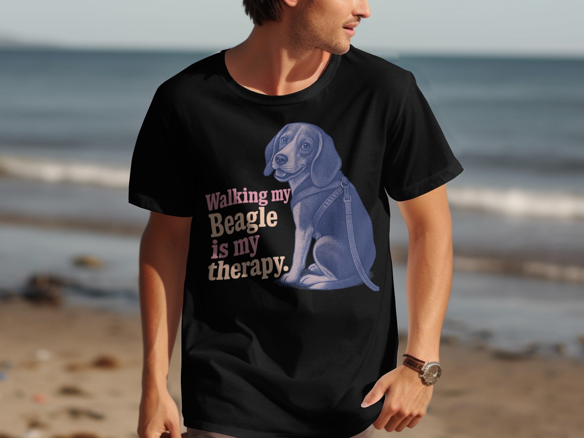 Black t-shirt with blue Beagle illustration and text: "Walking my Beagle is my therapy."