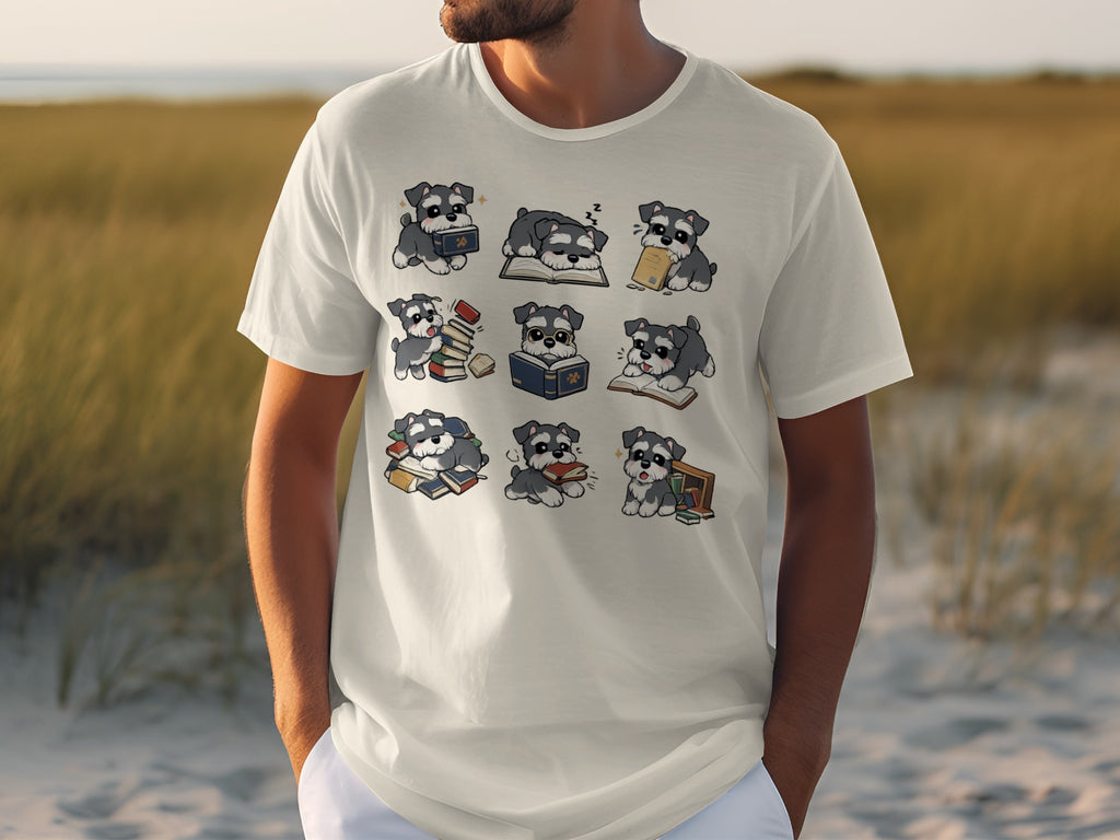 T-shirt featuring a cartoon grid of nine schnauzers interacting with books.
