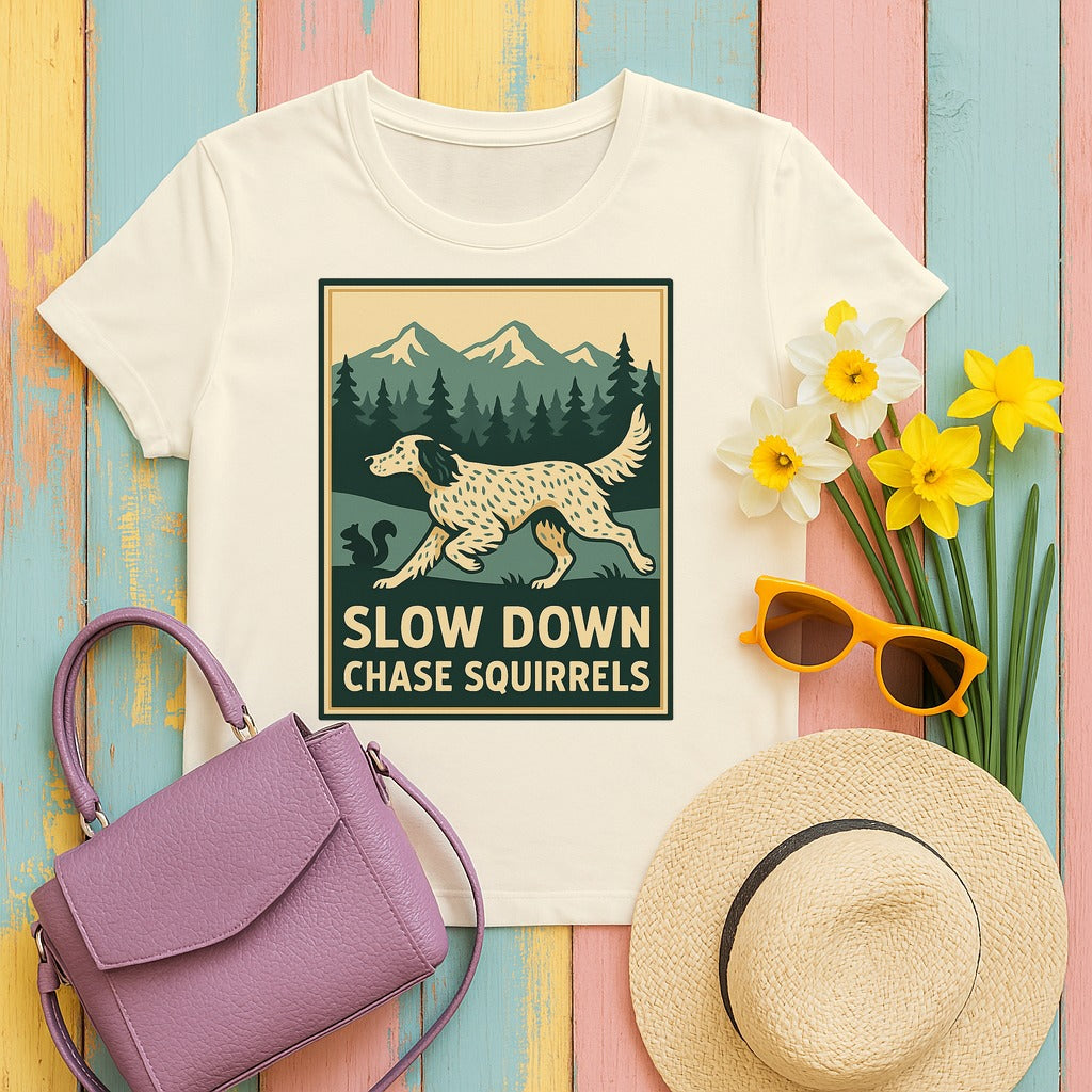 English Setter Chase Squirrels Tee in Natural