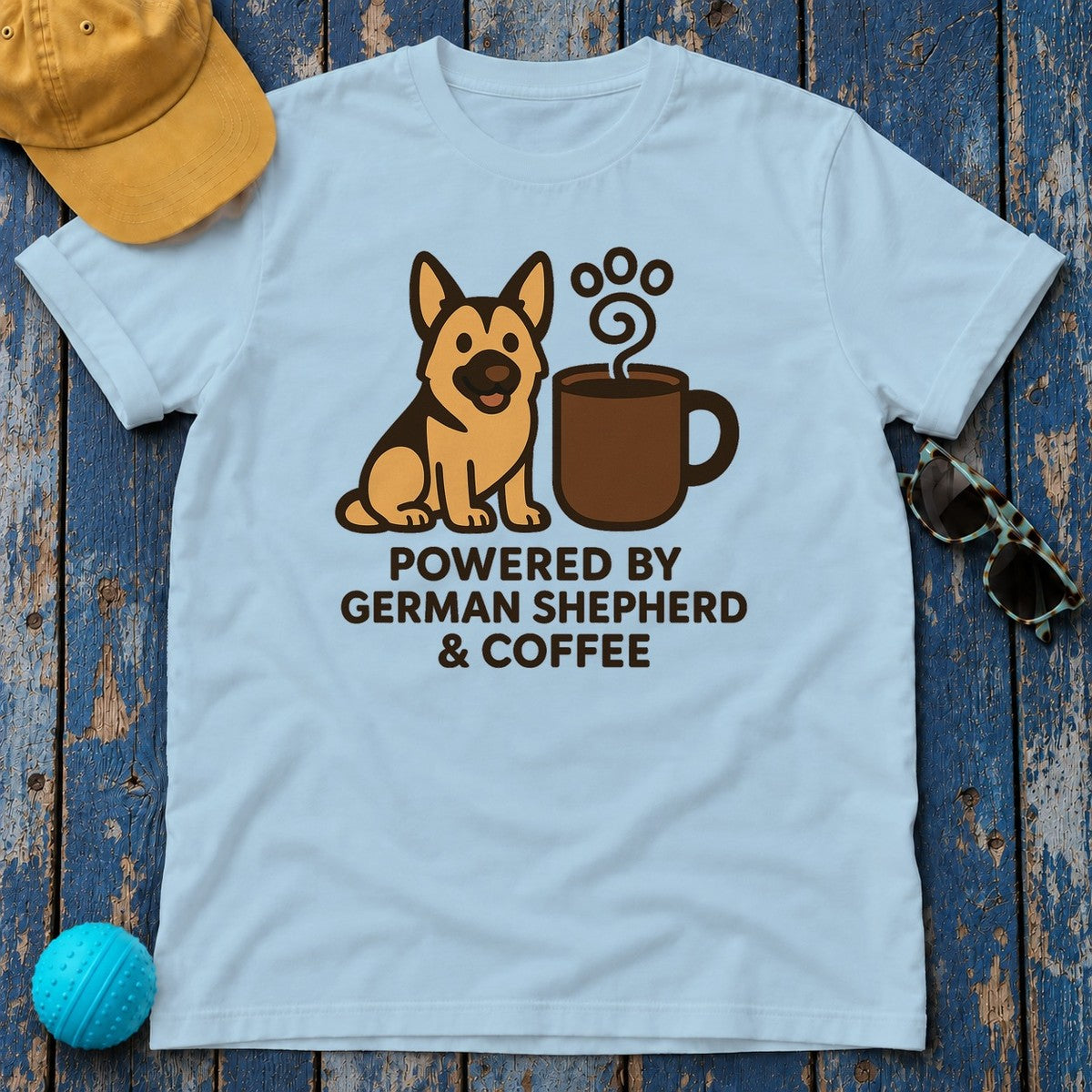 German Shepherd Coffee Power T-Shirt in Light Blue