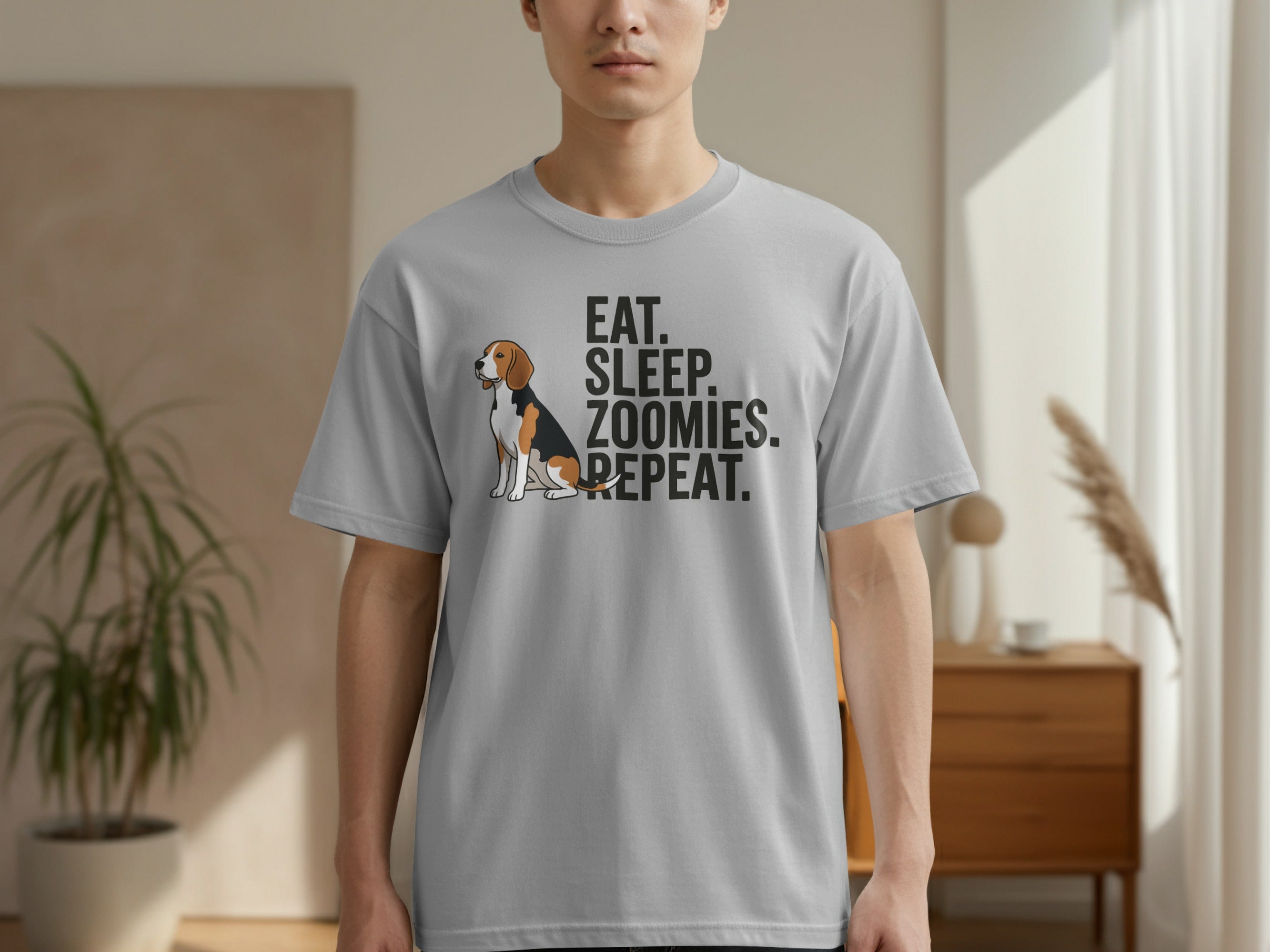 Grey t-shirt with "EAT. SLEEP. ZOOMIES. REPEAT." and a beagle.