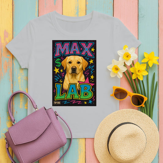 Fun and Vibrant Max Lab Design on White T-Shirt Product
