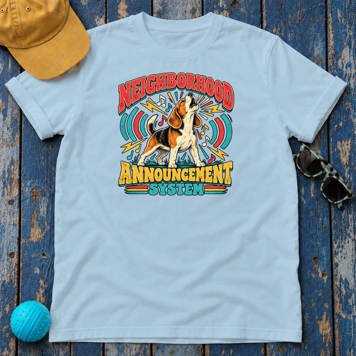 Neighborhood Announcement System Beagle T-Shirt in Light Blue - flat lay