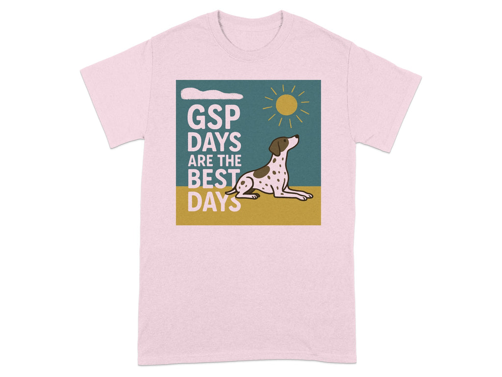 Pink t-shirt with graphic of a spotted dog and text "GSP DAYS ARE THE BEST DAYS".