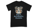 Black t-shirt with a blue merle Australian Shepherd head and "Alert. Acrobatic. Aussie." text.