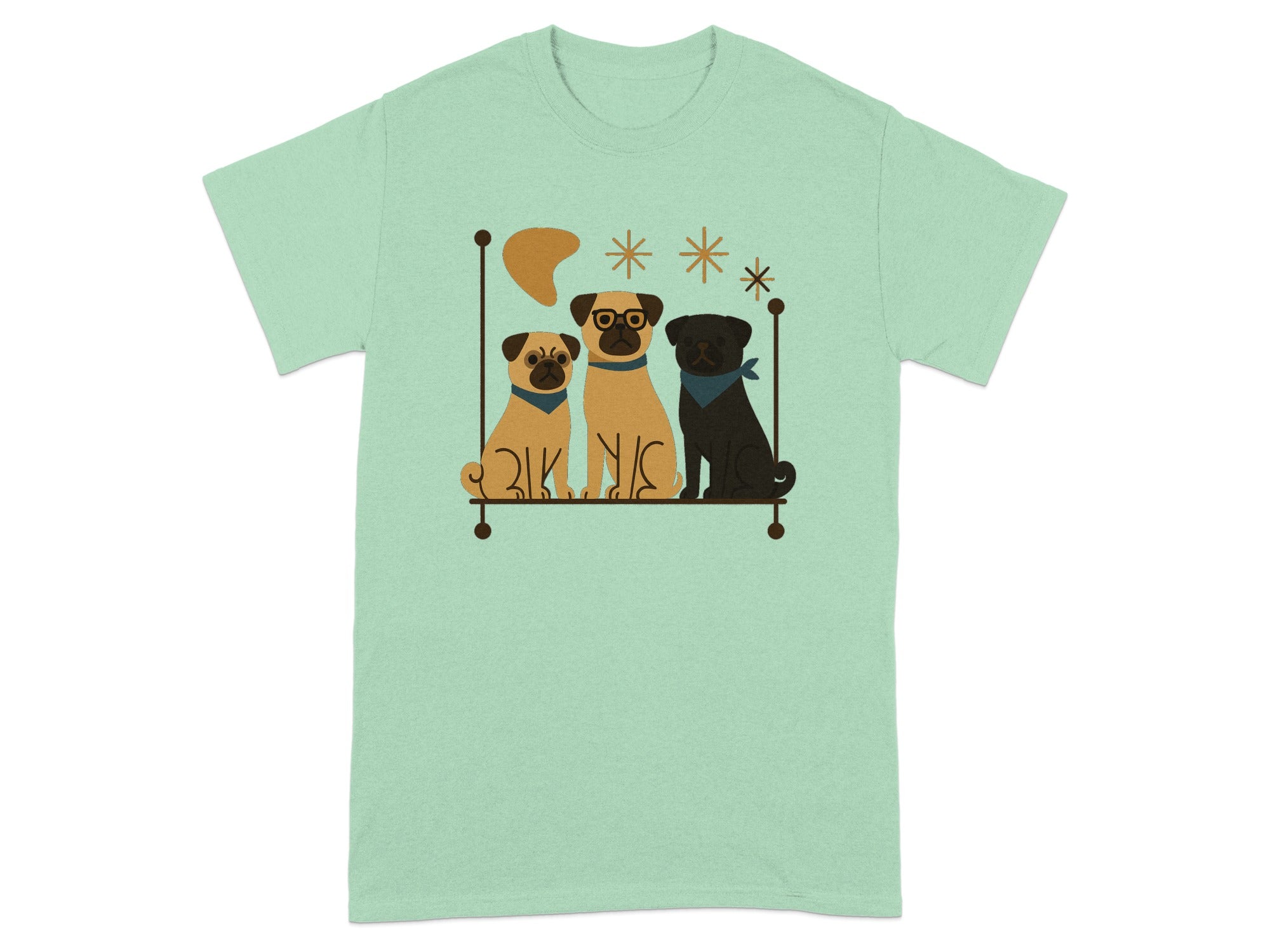 Three pugs, two fawn and one black, sit on a shelf with star and boomerang shapes.
