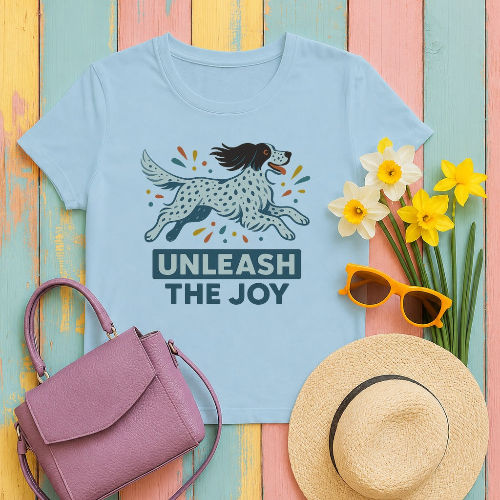 english setter unleash-the-joy tee flat lay hero