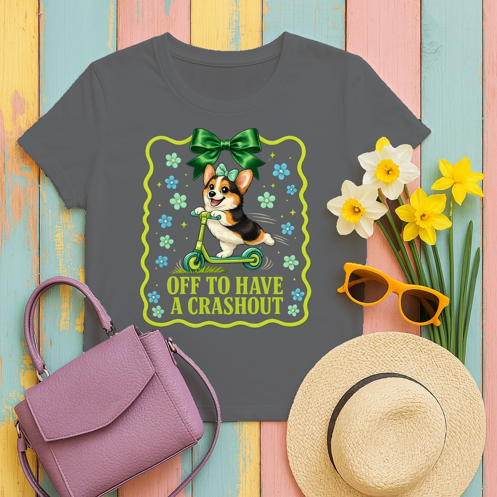 Happy Corgi Scooter "Crashout" T-Shirt in Graphite Heather