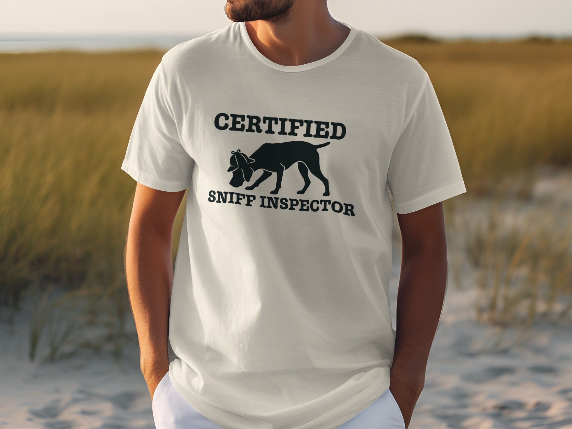 White t-shirt with "Certified Sniff Inspector" and a dog sniffing text.