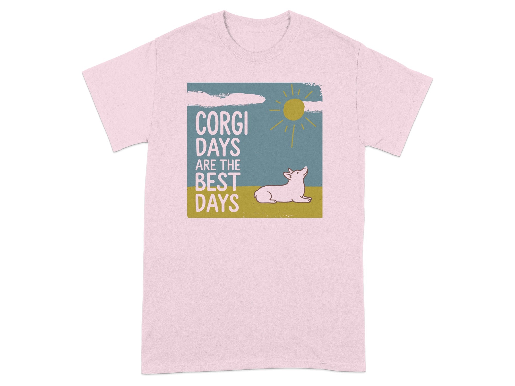 Pink t-shirt with "CORGI DAYS ARE THE BEST DAYS" and a corgi under a sun.