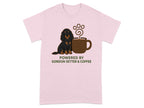 Gordon Setter dog and coffee cup with text "POWERED BY GORDON SETTER & COFFEE".