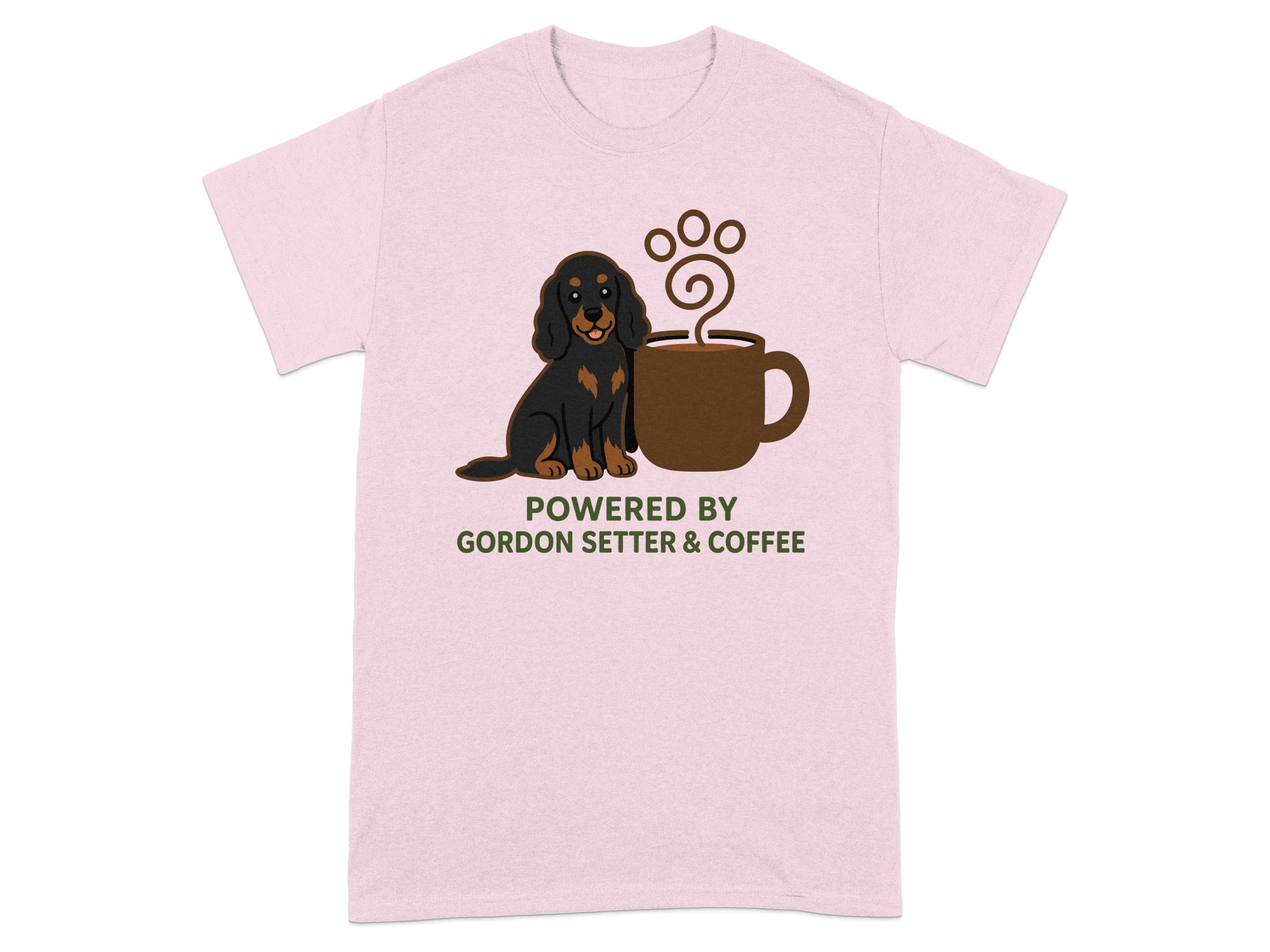 Gordon Setter dog and coffee cup with text "POWERED BY GORDON SETTER & COFFEE".