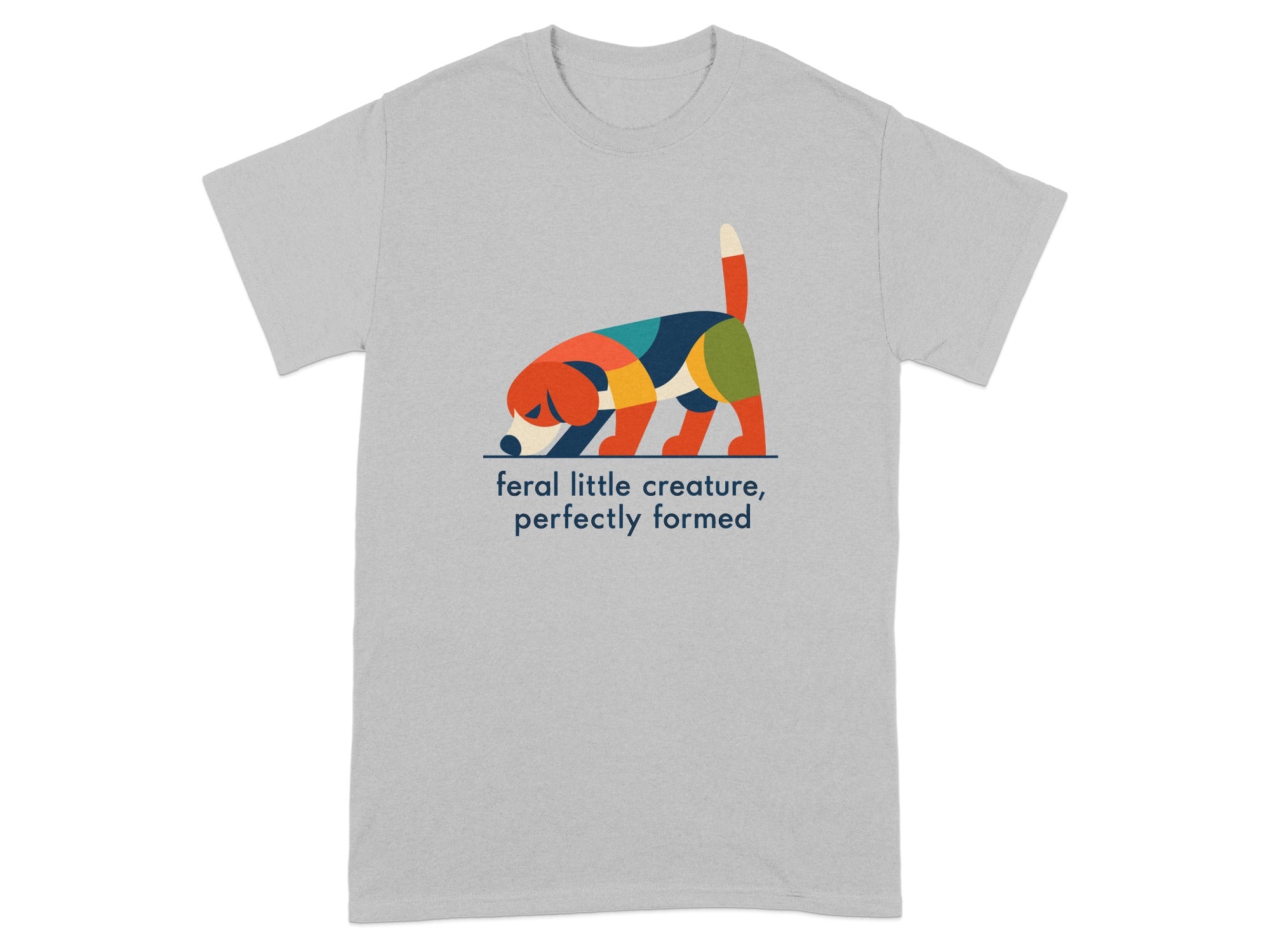 Colorful stylized dog with text "feral little creature, perfectly formed".