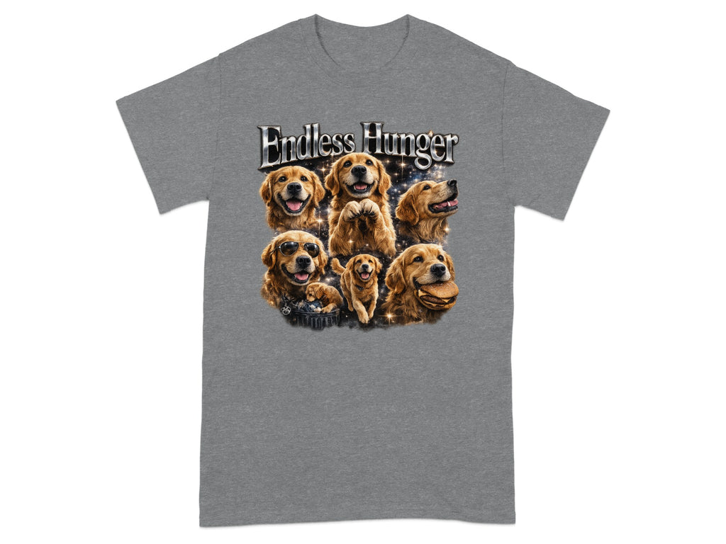 Grey t-shirt with "Endless Hunger" and collage of golden retrievers.