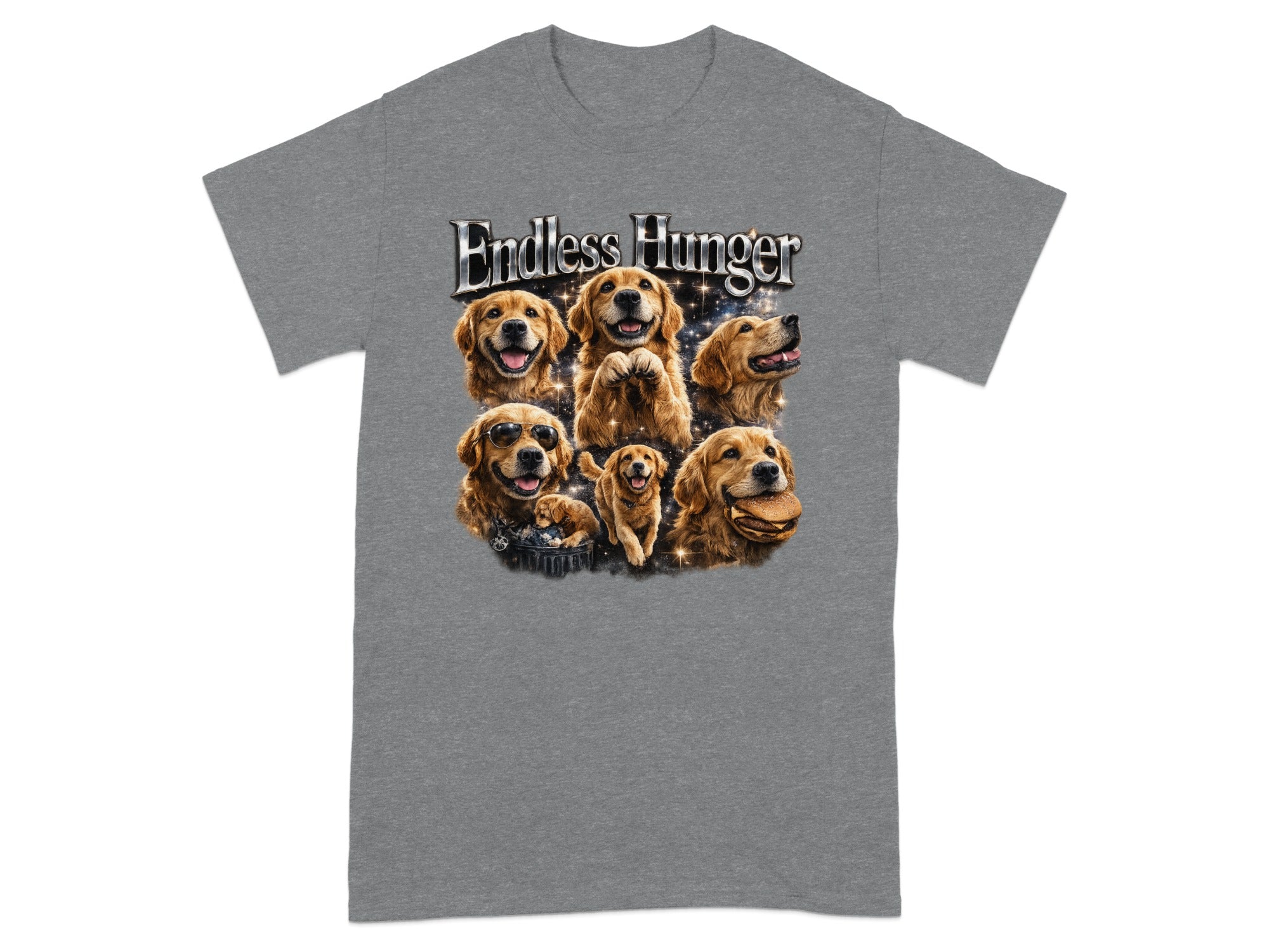 Grey t-shirt with "Endless Hunger" and collage of golden retrievers.