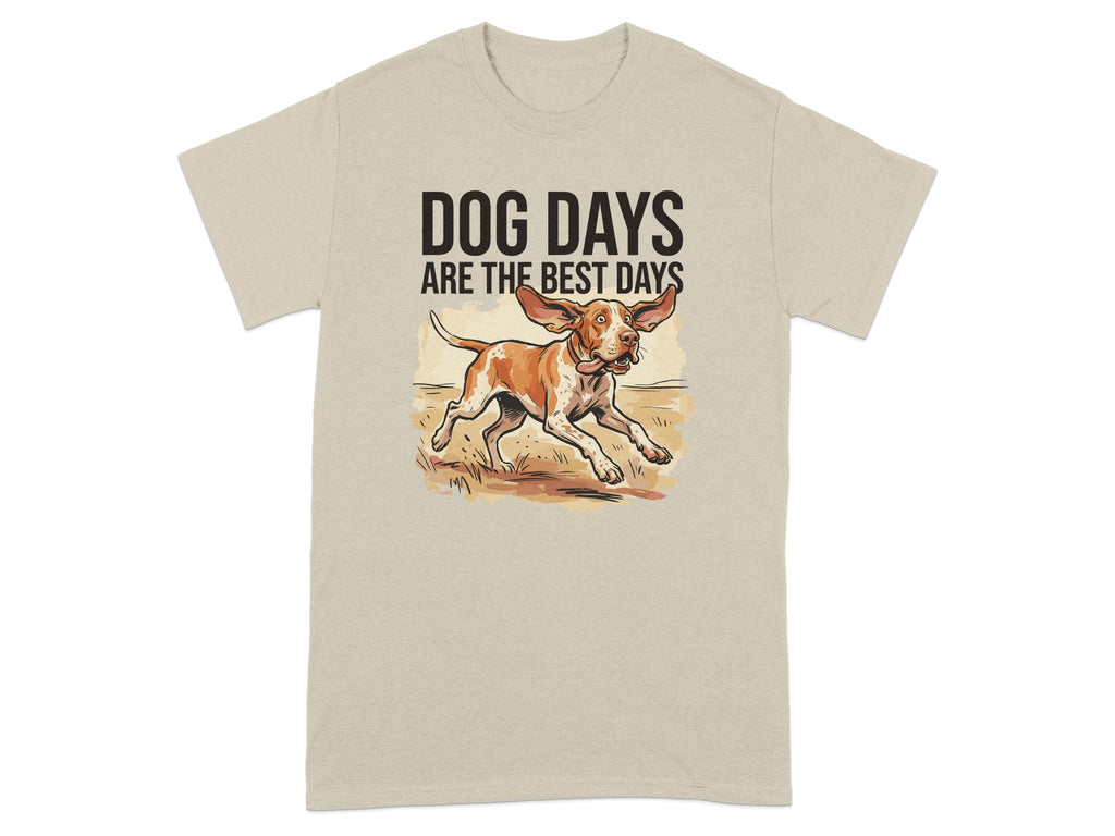 Beige t-shirt with dog running and text "DOG DAYS ARE THE BEST DAYS".