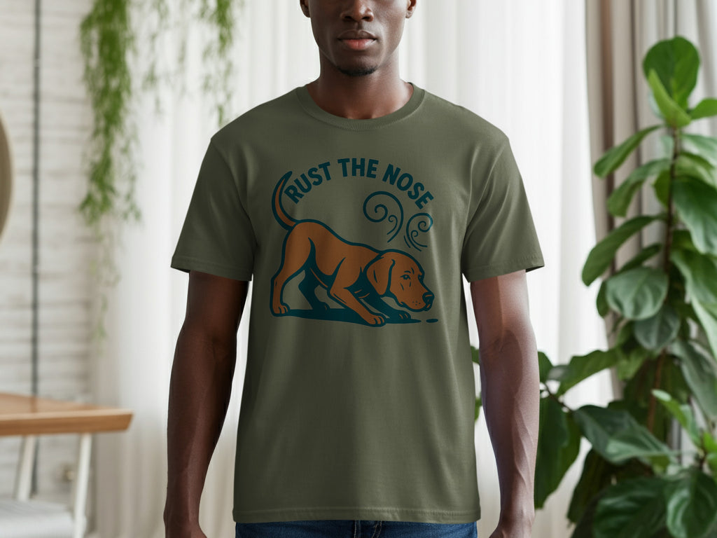 Green t-shirt with brown dog graphic and "Rust the Nose" text.