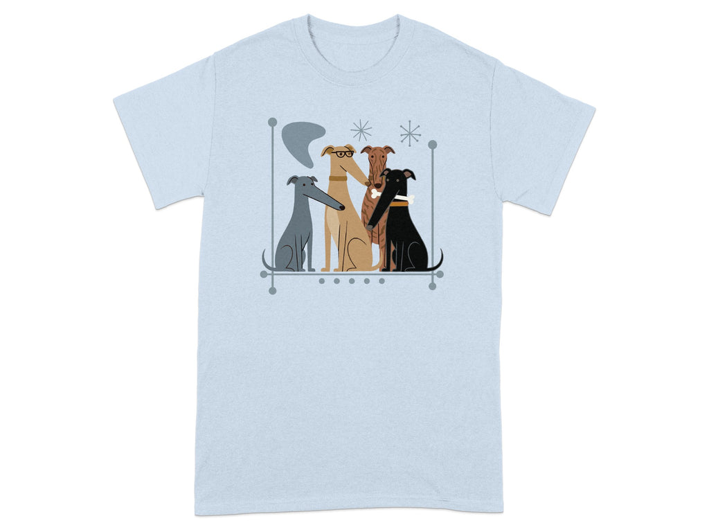 Light blue t-shirt with a graphic of four stylized greyhounds in a row.