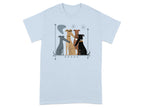 Light blue t-shirt with a graphic of four stylized greyhounds in a row.