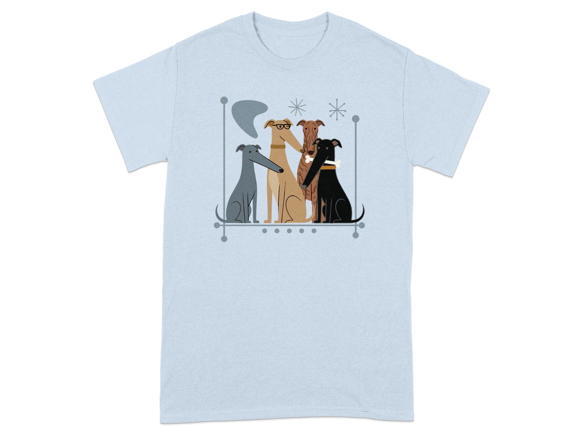 Light blue t-shirt with a graphic of four stylized greyhounds in a row.