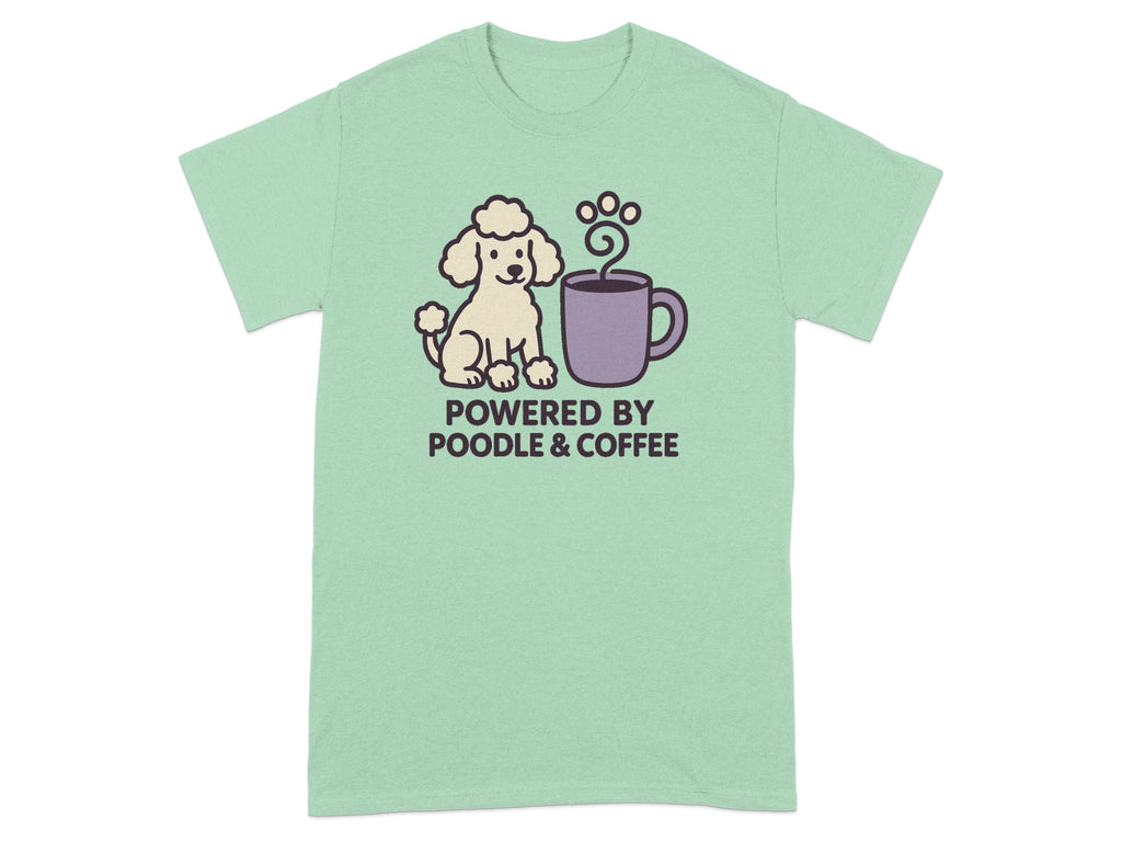 Light green t-shirt with cartoon poodle and coffee mug graphic and text.