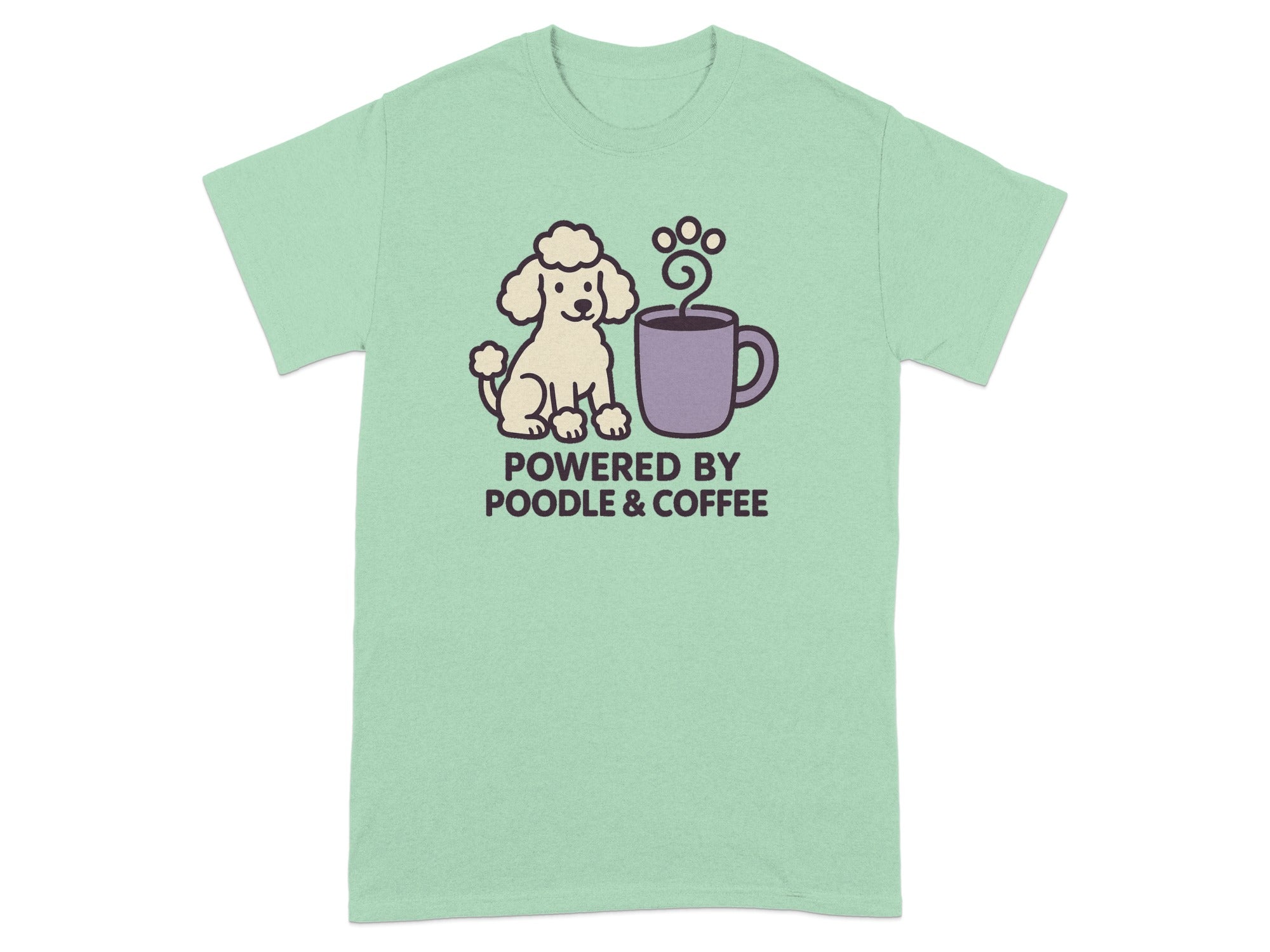 Light green t-shirt with cartoon poodle and coffee mug graphic and text.