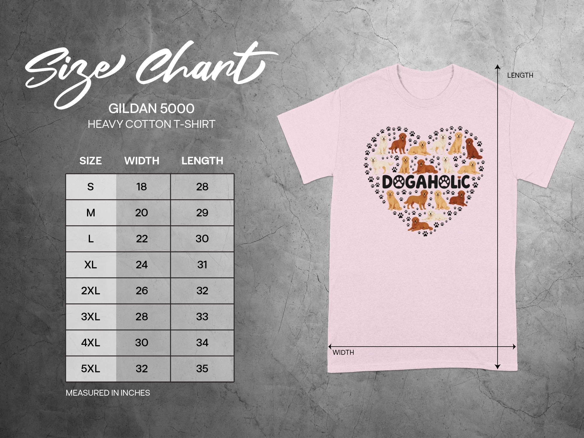 Pink Gildan 5000 t-shirt with "DOGAHOLIC" and dog paw print heart graphic.
