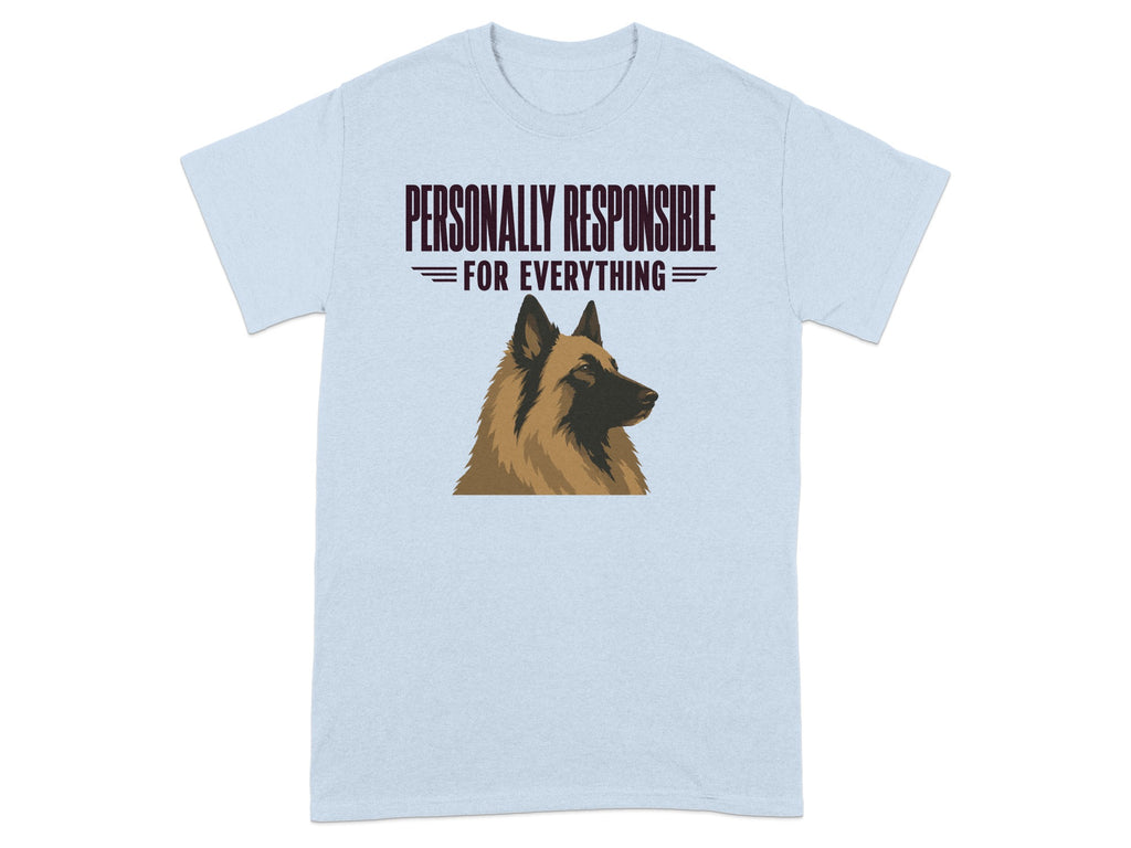 Light blue t-shirt with "PERSONALLY RESPONSIBLE FOR EVERYTHING" text and dog graphic.