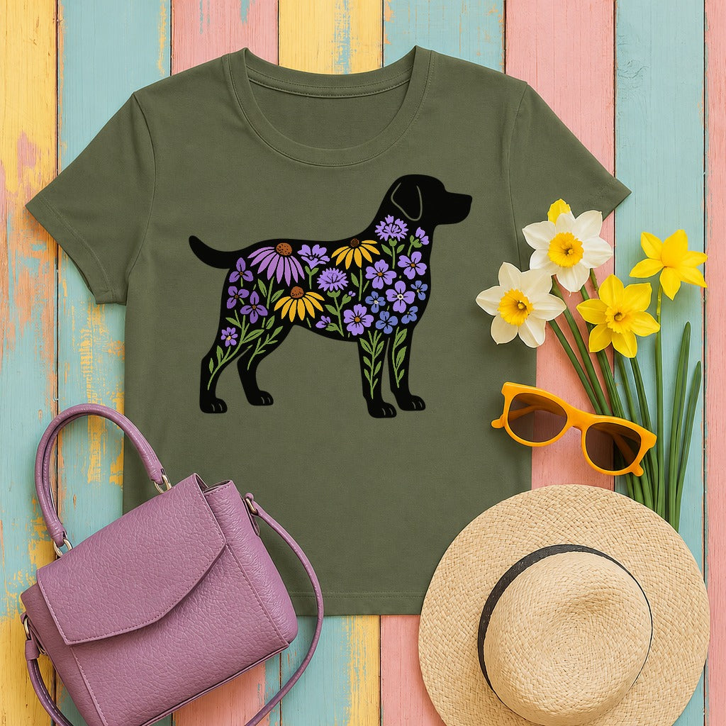 Labrador Silhouette Filled With Floral Patterns Trendy t-shirt