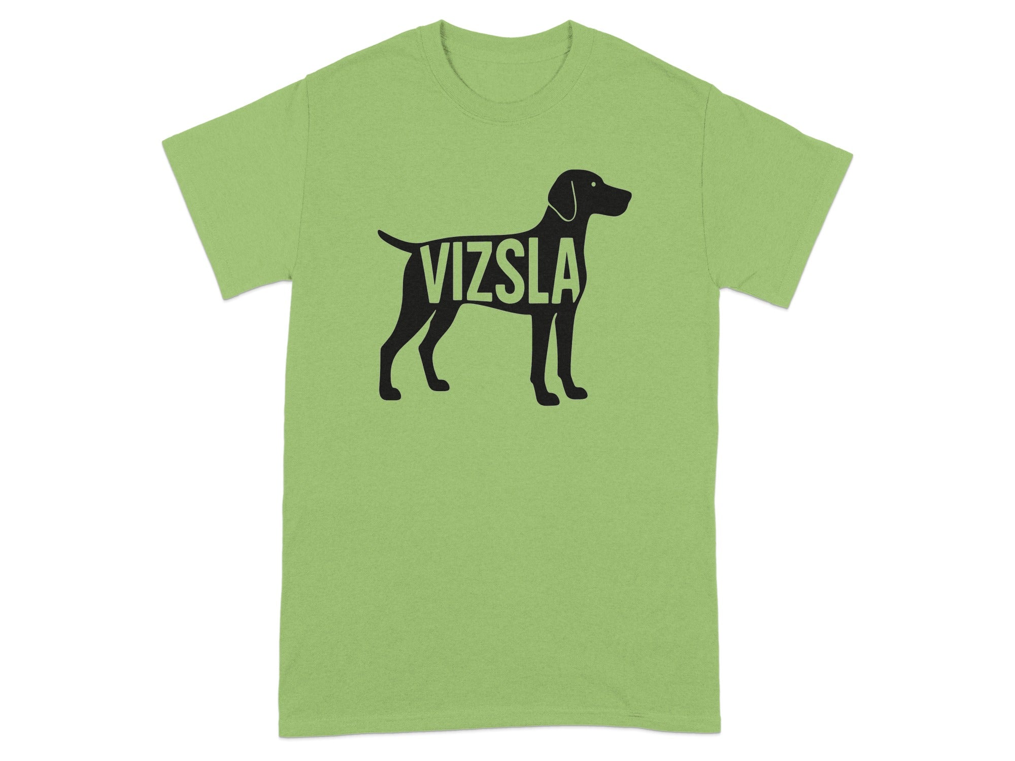 Light green t-shirt with black Vizsla dog silhouette and text.
