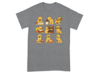 Series of nine cartoon golden retriever puppies baking bread in various steps and poses.