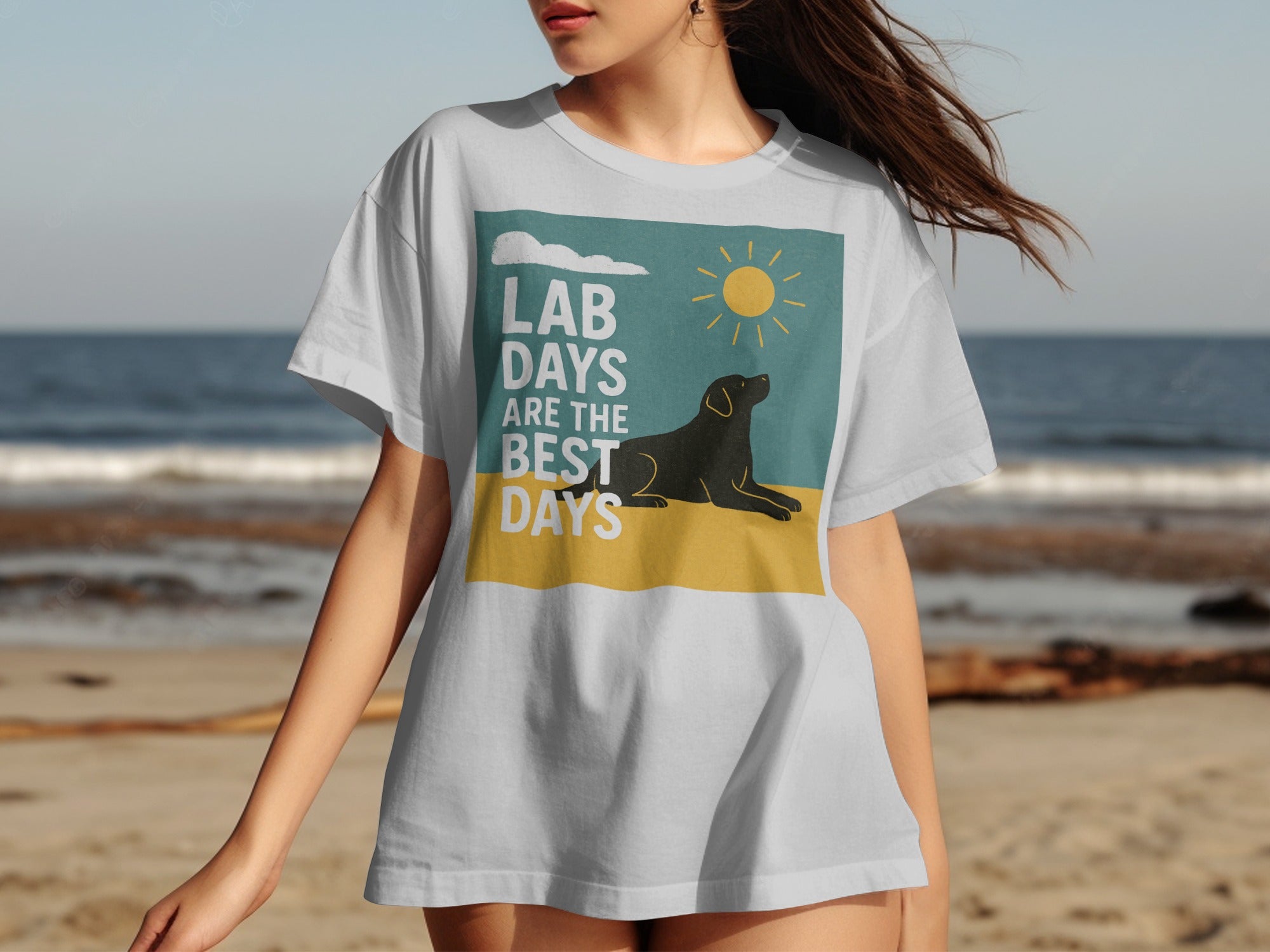 White t-shirt with black lab, sun, and text "Lab days are the best days".
