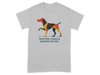 Dog art with text "feral little creature, perfectly formed" on gray t-shirt.