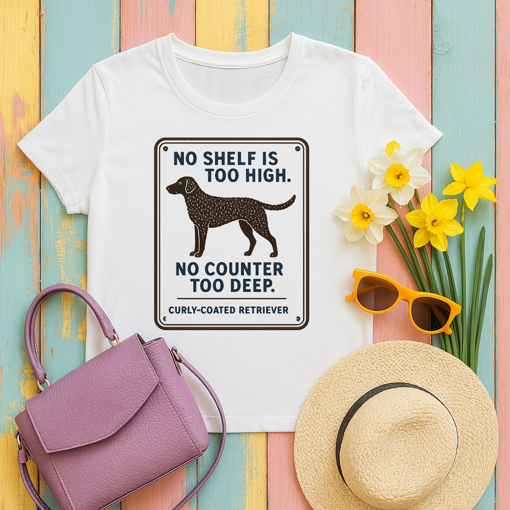 Curly-Coated Retriever No Shelf Is Too High Tee in White