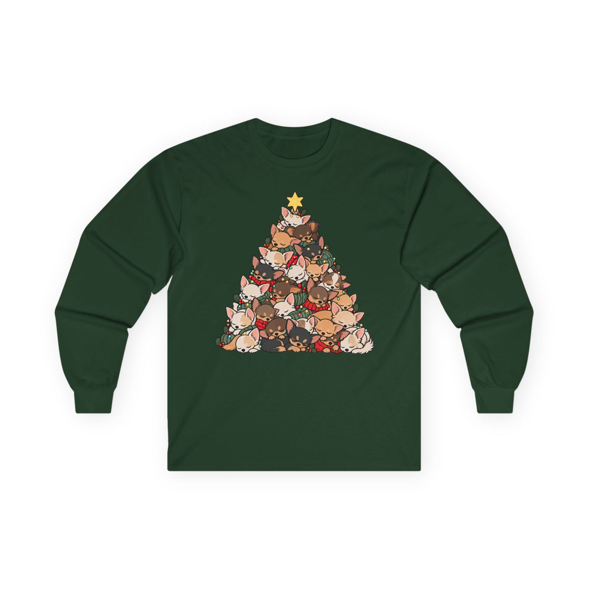 Chihuahua Christmas Tree long sleeve tee in Forest Green