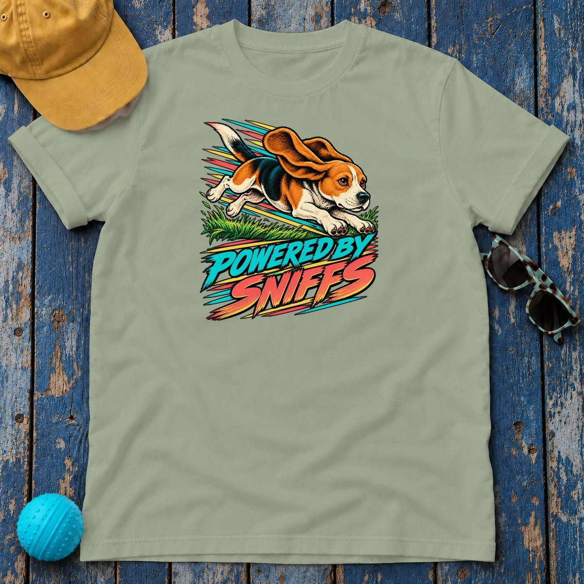 Powered by Sniffs Beagle T-Shirt in Sage - flat lay