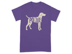 Purple t-shirt with outline of a pointer dog filled with the word "POINTER".