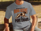 Grey t-shirt with "Powered by Bird Scent & Pure Chaos" and dog graphic.