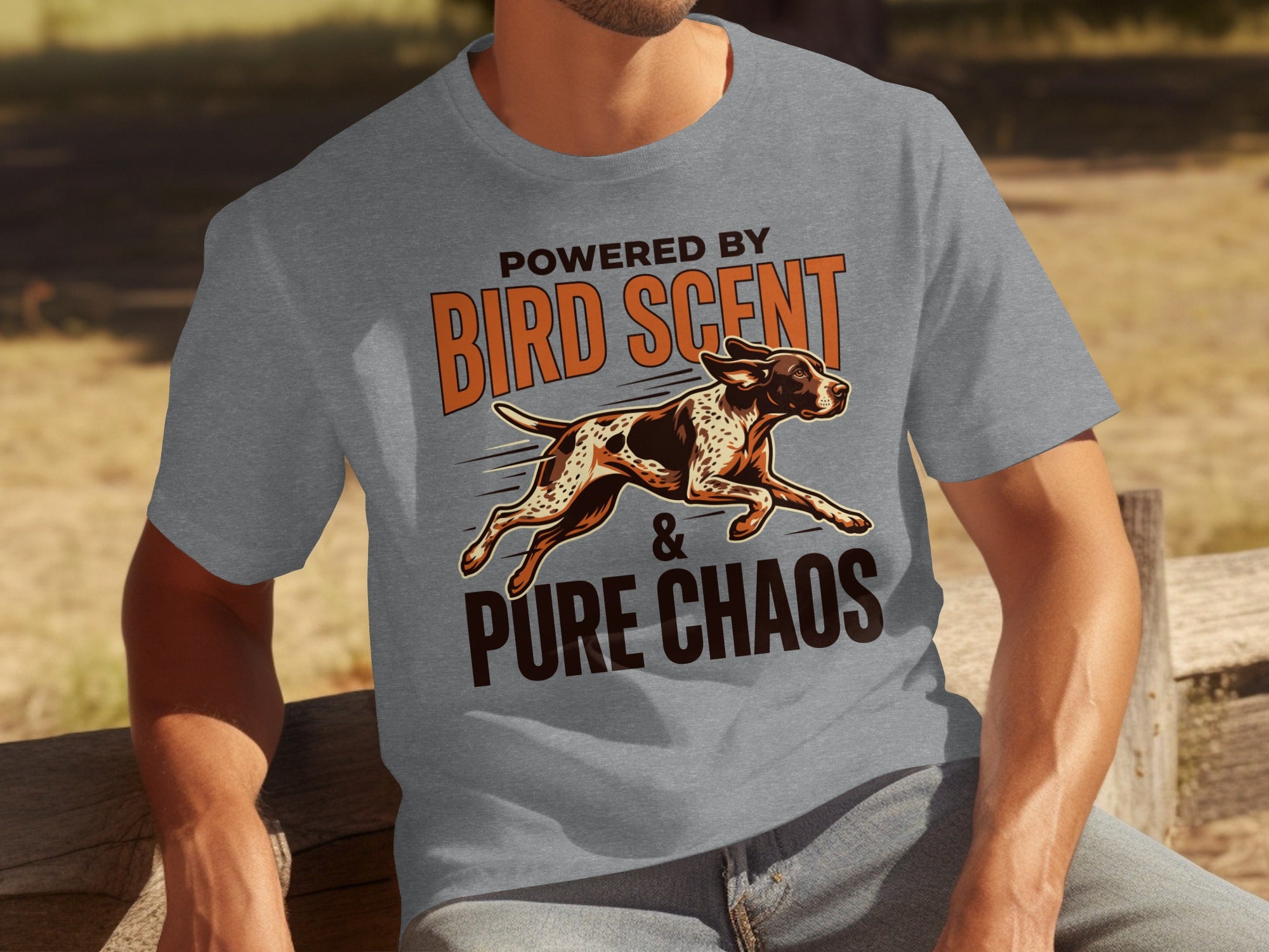 Grey t-shirt with "Powered by Bird Scent & Pure Chaos" and dog graphic.