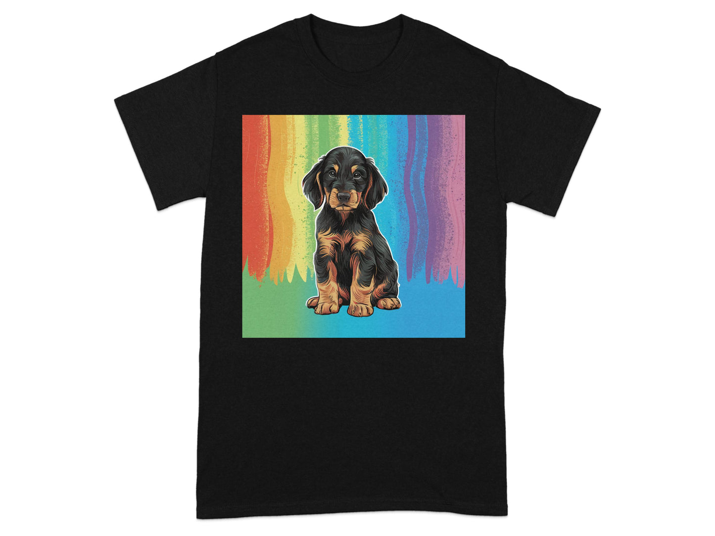 Colorful Rainbow Puppy Design on Black T-Shirt product